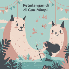 Obraz premium A whimsical illustration of a small girl with a stick interacting with flying creatures near two large fluffy animals in a dream-like landscape.