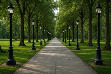 A long straight pathway lined with tall lamps inside a park, deep perspective and crisp edges.