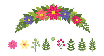 Naklejka premium Colorful vector collection of a floral arch and individual flower, leaf, and berry elements for creating custom designs.