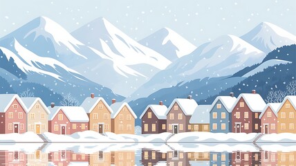 Charming snow-covered village nestled in majestic mountains