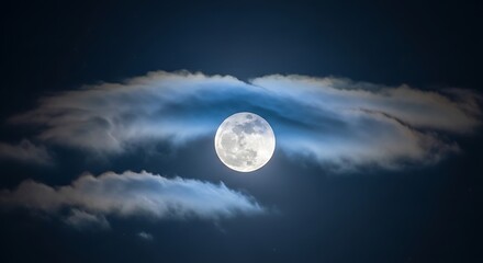 Full moon glows brightly through wispy clouds in a dark night sky.
