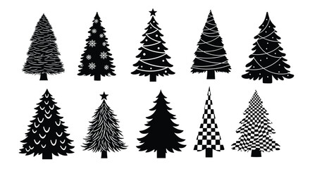 Obraz premium Diverse set of ten black Christmas tree silhouettes, featuring various decorations like garlands, stars, and abstract patterns.