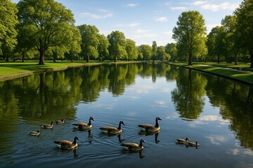 Wide park pond with ducks creating ripples, reflections sharp and mirror-like. 