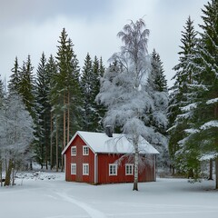 Cozy red cabin nestled in a snowy winter forest landscape