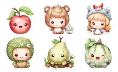 Adorable Enchanted Orchard Critters with Fruits and Colorful Characters on Transparent Background