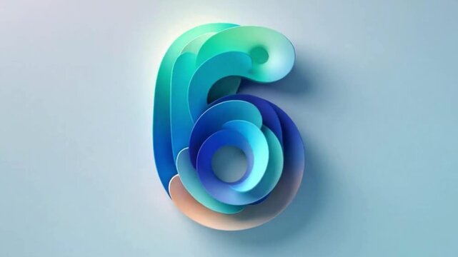 Abstract 3D rendering of the number six with swirling colorful layers.