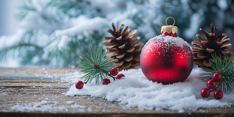Festive red bauble with pine cones and snow on wooden surface