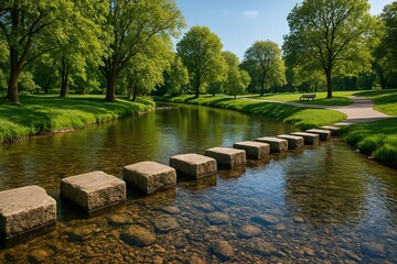 Shallow park river with stepping stones crossing to the opposite bank.