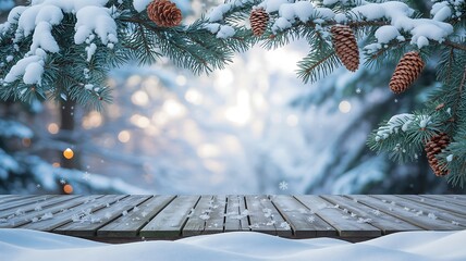 Snow covered pine branches with pinecones above a wooden table