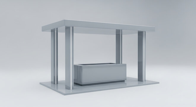 A sleek coffin under a minimalist canopy on a white background