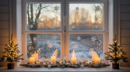 Warm and festive christmas window display with candles and trees