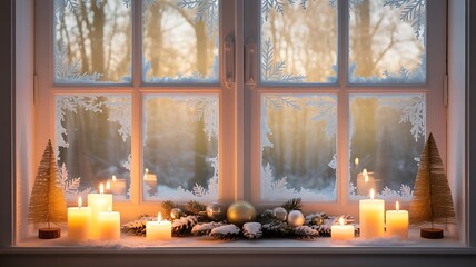 Warm winter evening glow through frosted window with candles