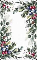 Festive winter berries and pine branches border illustration