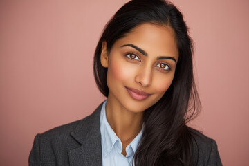 Beautiful Indian South Asian Woman Young Professional Portrait Grey Blazer Blue Shirt Pink Background Studio Headshot Confident Friendly Smile Business Corporate Graduate Entry Level Copy Space