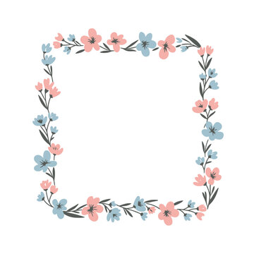 A delicate square floral frame with pink and blue flowers and green leaves on a white background, perfect for invitations or decorative borders.