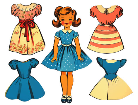 cartoon vintage paper doll girl with dresses vector illustration