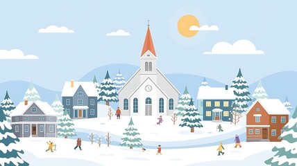 Cozy winter village scene with church and people enjoying the snow
