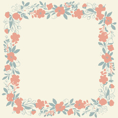 Fototapeta premium A decorative square frame composed of coral flowers and muted blue-green leaves on a cream background.