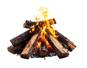 A pyre of burning logs with vibrant flames against a black background