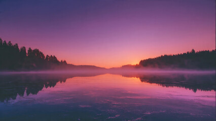 Pink Sunset Over Misty Lake