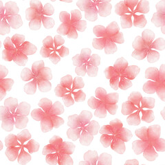 Delicate pink cherry sakura watercolor flowers on a soft white background, creating a light and romantic floral  seamless pattern perfect for textiles, packaging, and decorative design
