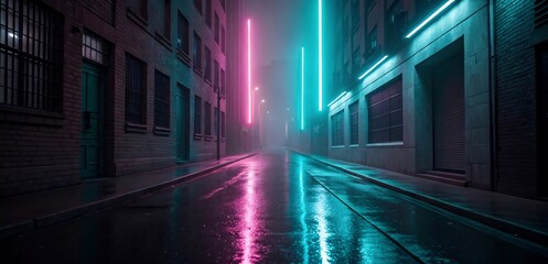Neon-lit city street at night, reflecting in wet pavement with vibrant pink and blue lights