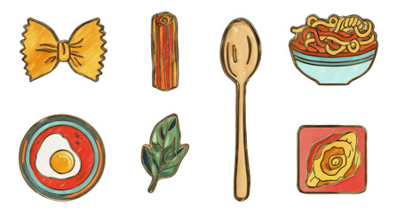 Colorful Illustration of Italian Pasta Elements Isolated on Transparent Background