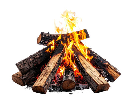 A pyre of burning logs with vibrant flames against a black background