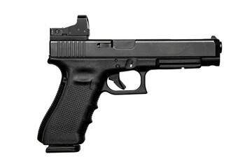 A black semi-automatic pistol with a textured grip and a mounted red dot sight, isolated on a white back.
