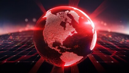 glowing digital globe with vibrant red tones and dynamic light patterns creates a mesmerizing visual representation of technology and connectivity