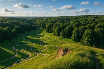 Park ridge viewpoint with winding trails below and dense tree clusters.