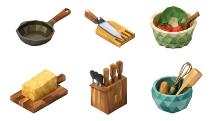 Modern Low Poly Kitchen Utensils Set in Geometric 3D Style on Transparent Background
