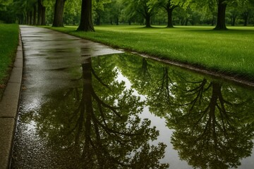 A reflective puddle on a park sidewalk after light rain, trees mirrored in the water.