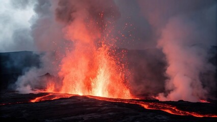 Dramatic volcanic eruption with incandescent lava flows and towering ash clouds, showcasing the awesome geological power of our planet in a fiery display