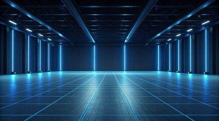 Futuristic empty exhibition hall with glowing blue grid lines on the floor and ceiling