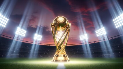 Golden World Cup Trophy Shines In Stadium Spotlight.
