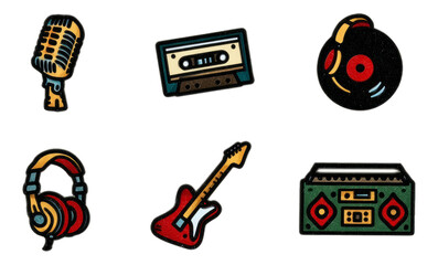 Retro Music Tattoo Art Collection Featuring Vintage Items on Transparent Background