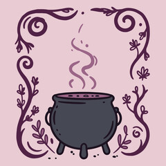 A black cauldron with purple steam framed by decorative swirling vines and leaves on a pink background.