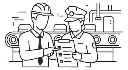 A construction worker and a safety inspector discussing a checklist in a minimalist outline vector style, ideal for industry-related projects