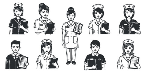 A collection of nurse illustrations depicting male and female nurses in black and white vector style, ideal for healthcare design