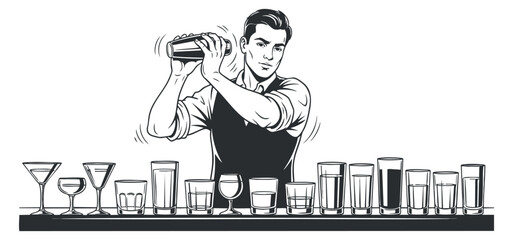 A bartender shaking a cocktail shaker with various glasses in a black and white vector style, ideal for bar and restaurant branding