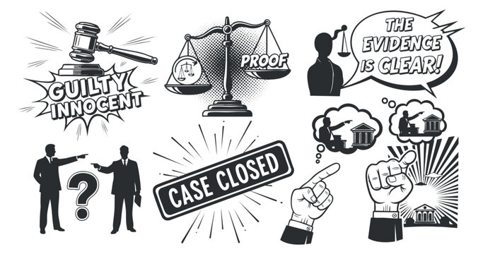 A collection of legal symbols including a gavel, scales of justice, and various courtroom gestures in black and white vector style, ideal for legal-themed projects