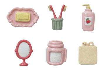 Charming Pastel Ceramic Bathroom Essentials Set on Transparent Background