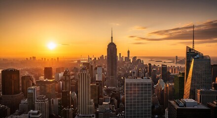 Breathtaking golden hour cityscape with a dramatic sunset illuminating a vast urban landscape, showcasing towering architectural marvels against a vibrant sky