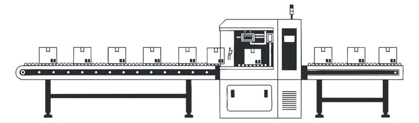 A conveyor belt machine for industrial production in black and white outline vector style, suitable for engineering and manufacturing projects
