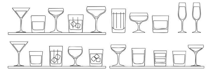 A collection of various drink glasses including cocktails and wine in minimalist outline vector style, ideal for bar menus and branding