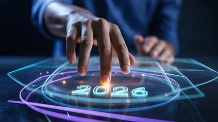 A person is selecting the year 2026 on a futuristic touch screen interface.