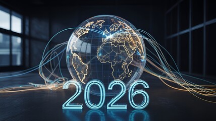 A visual representation of the year 2026, set within a futuristic global context.