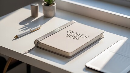 A planner book titled 'GOALS 2026' on a desk, setting the stage for focused planning and future endeavors.