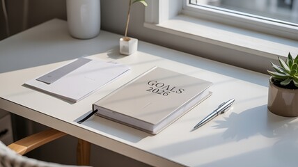 A well-organized desk setup with a 'Goals' journal, and a pen.
